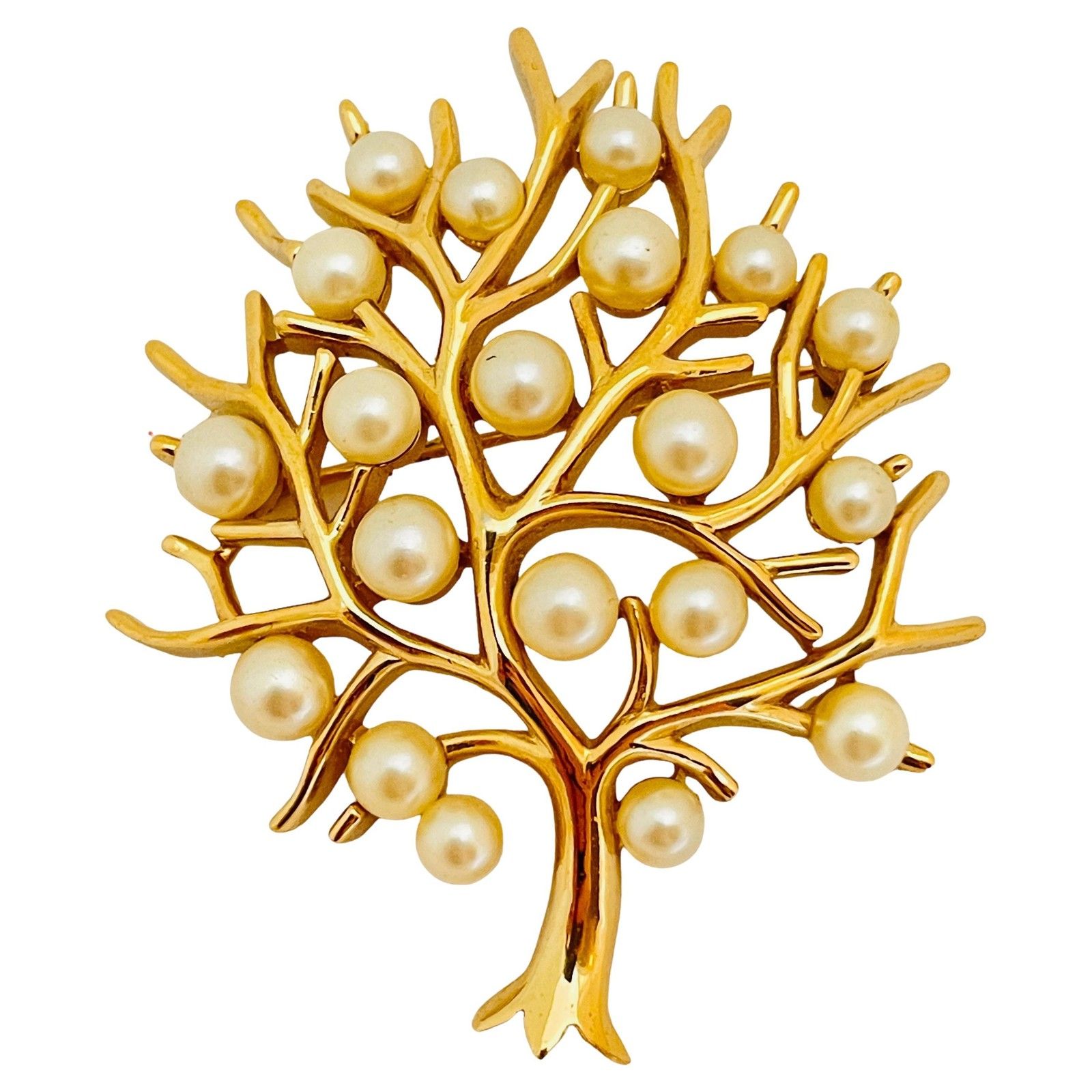 Vintage Trifari Crown Signed Gold Pearl Tree Designer Brooch